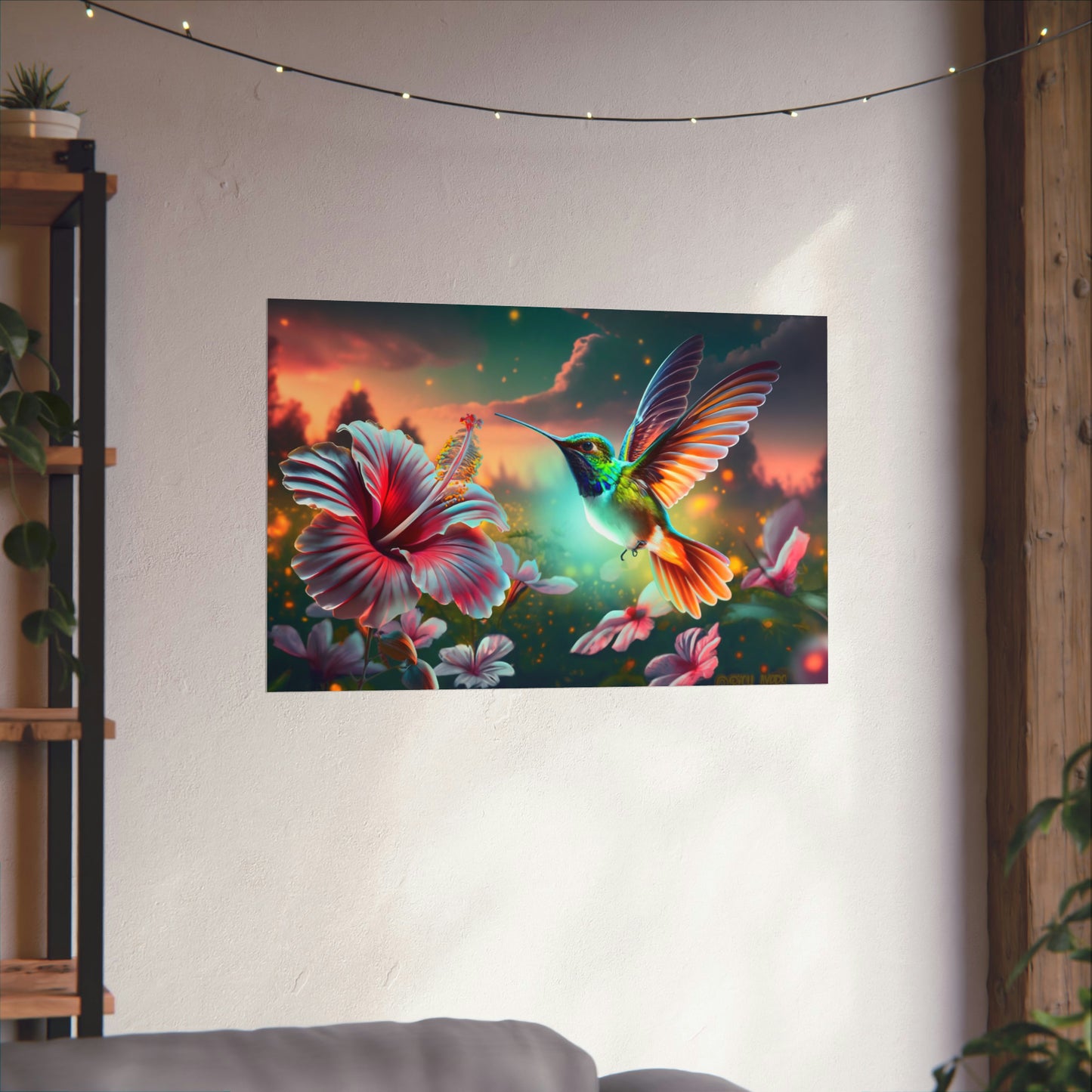 Bioluminescent Hummingbird and Hibiscus